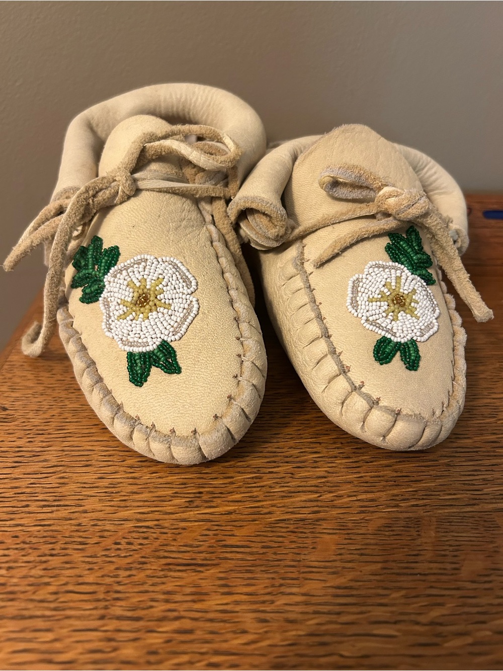 Hand Beaded & Stitched Boho Flower Buckskin Moccasins Shoes - Cream 8